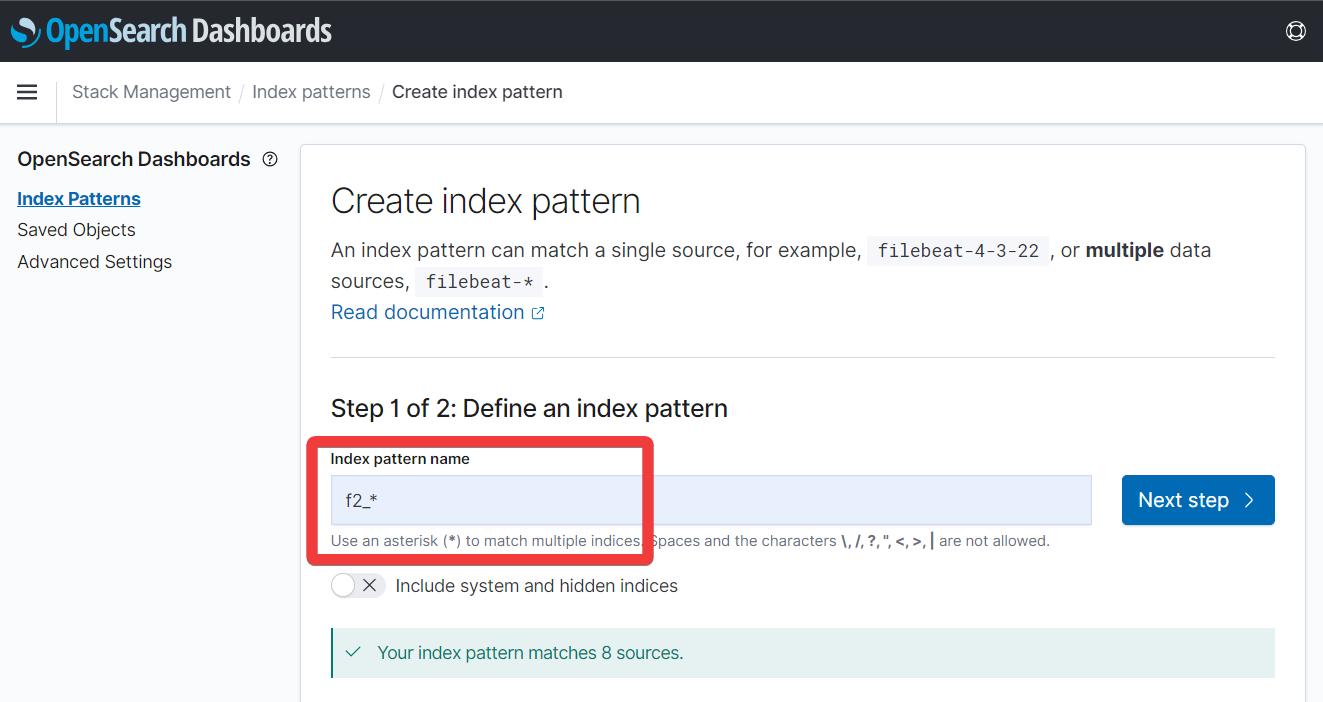 Dashboards : create index, step 2 out of 3
